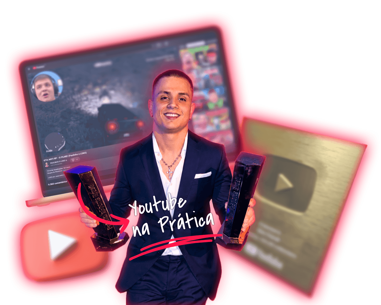 Paulinho o Loko segurando prêmios em uma arte do YouTube na Prática
